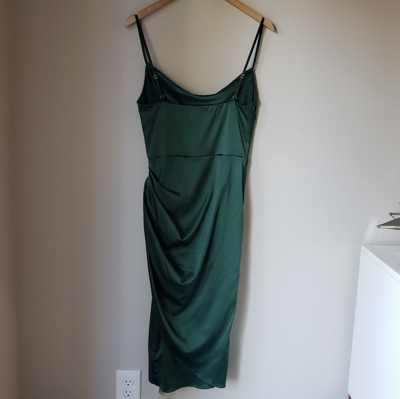 Emerald Green Spaghetti Strap Draped High Slit Tulip Skirt Satin Midi Dress - Picture 9 of 16